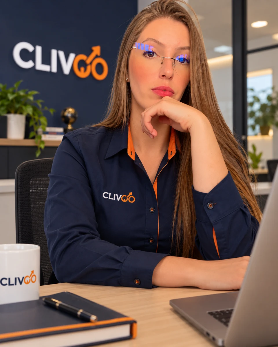 Jeniffer com uniforme da Clivoo em uma mesa de trabalho