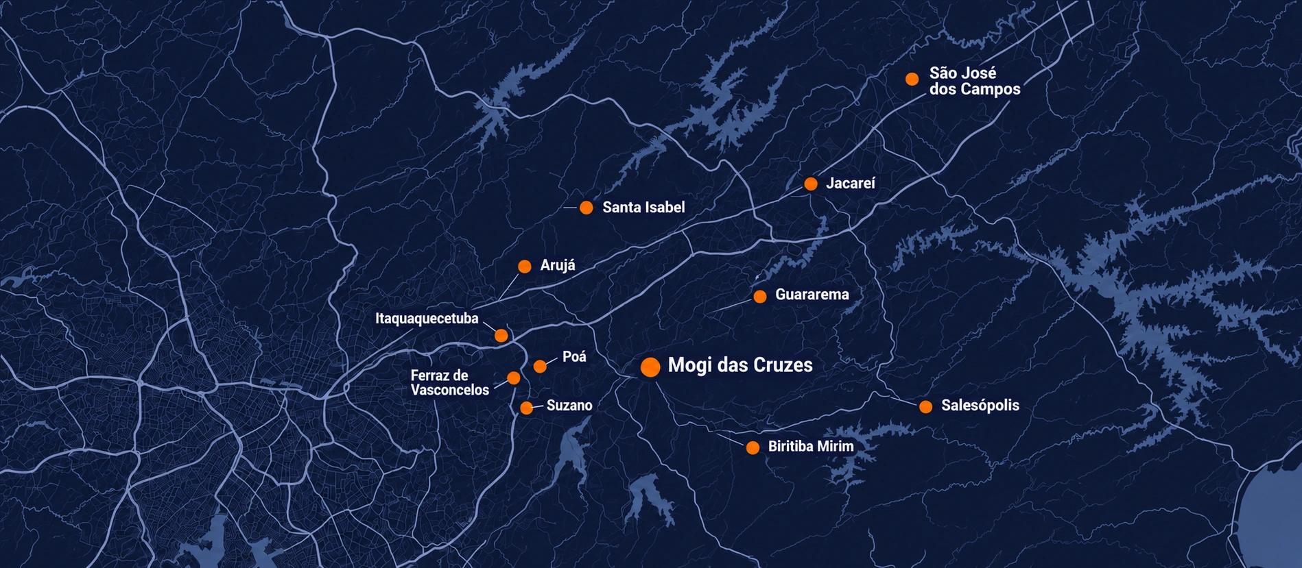 Mapa de atuação da Clivoo com Mogi das Cruzes, Suzano, Itaquaquecetuba, Ferraz de Vasconcelos, Poá, Biritiba Mirim, Guararema, Salesópolis, Santa Isabel, Arujá, Jacareí e São José dos Campos em destaque.