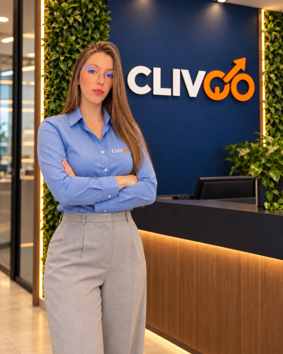 Jeniffer com camisa azul da Clivoo
